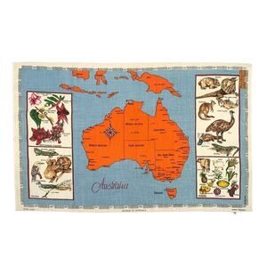 VTG NOS Souvenir Tea Towel 100% Linen Map of Australia Hand Printed Made/Poland